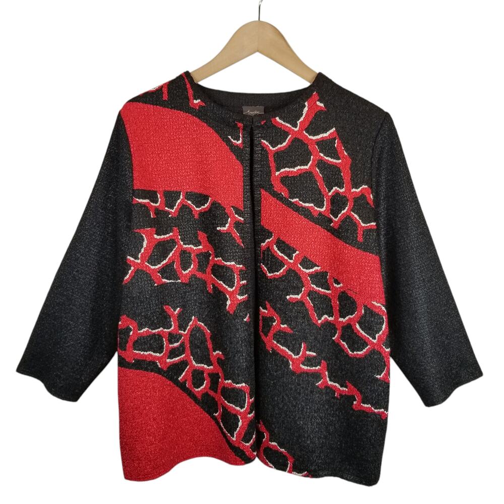 Chico's Travelers Women's Textured Crinkle Open Front Jacket Black Red Large